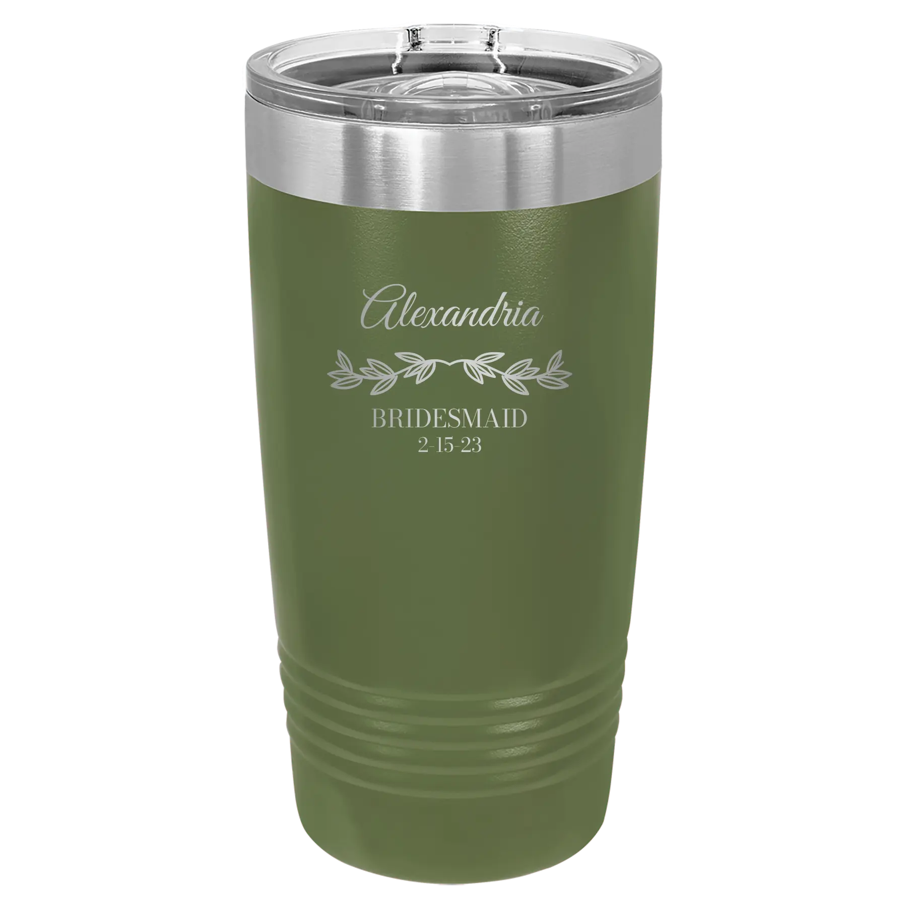 Personalized olive green 20 oz vacuum insulated tumbler with 'BRIDESMAID DATE' design