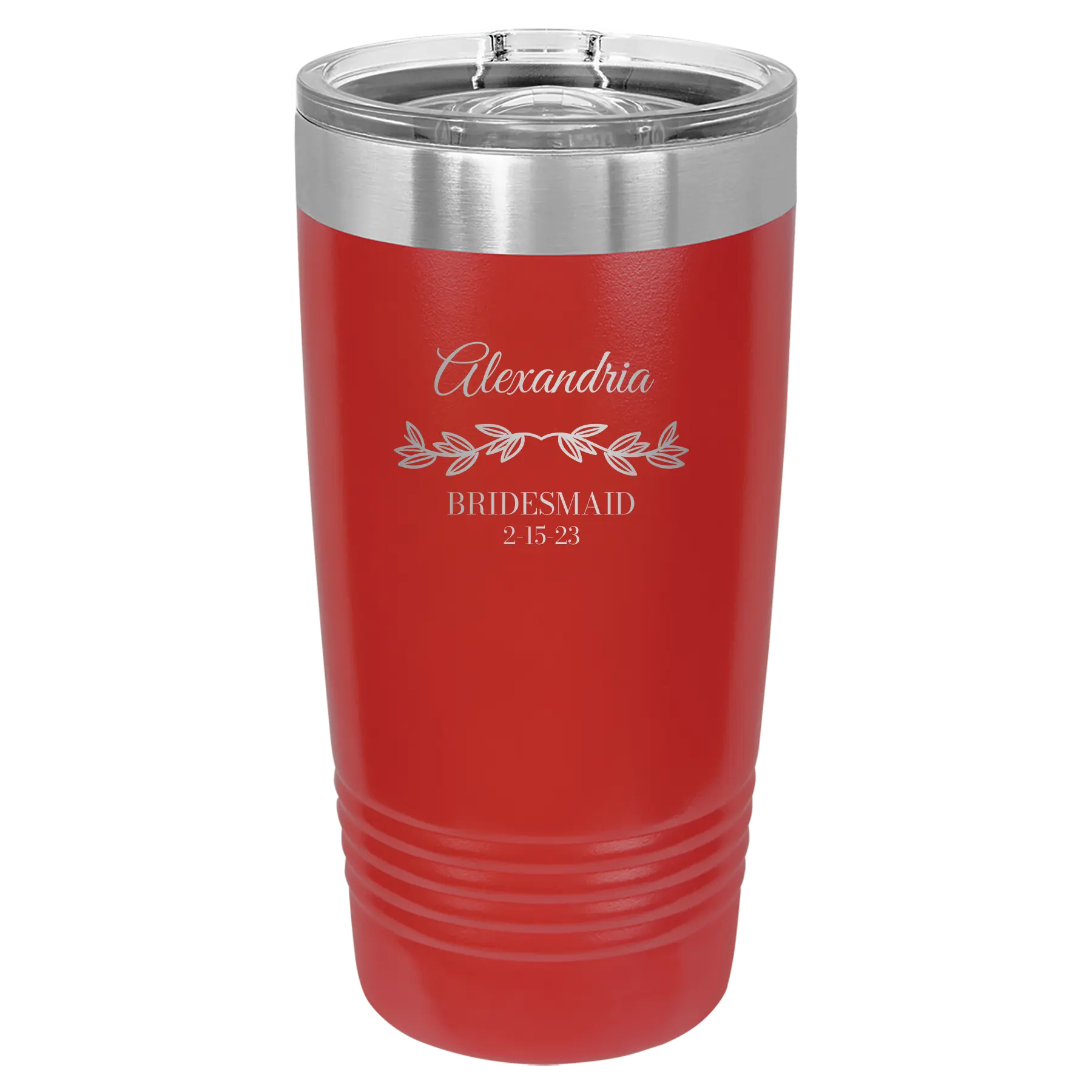 Personalized red 20 oz vacuum insulated tumbler with 'BRIDESMAID DATE' design