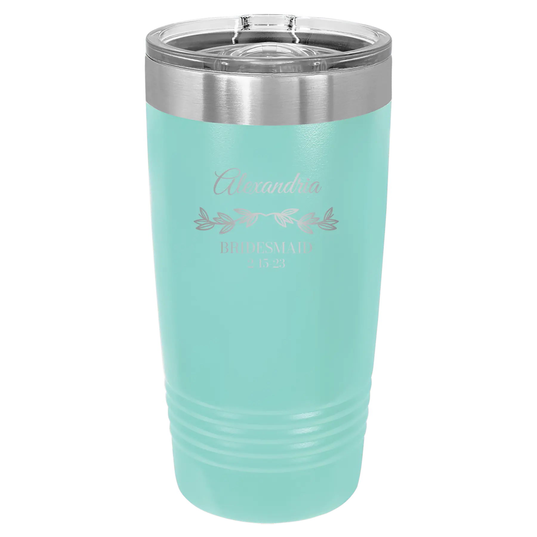 Personalized teal 20 oz vacuum insulated tumbler with 'BRIDESMAID DATE' design