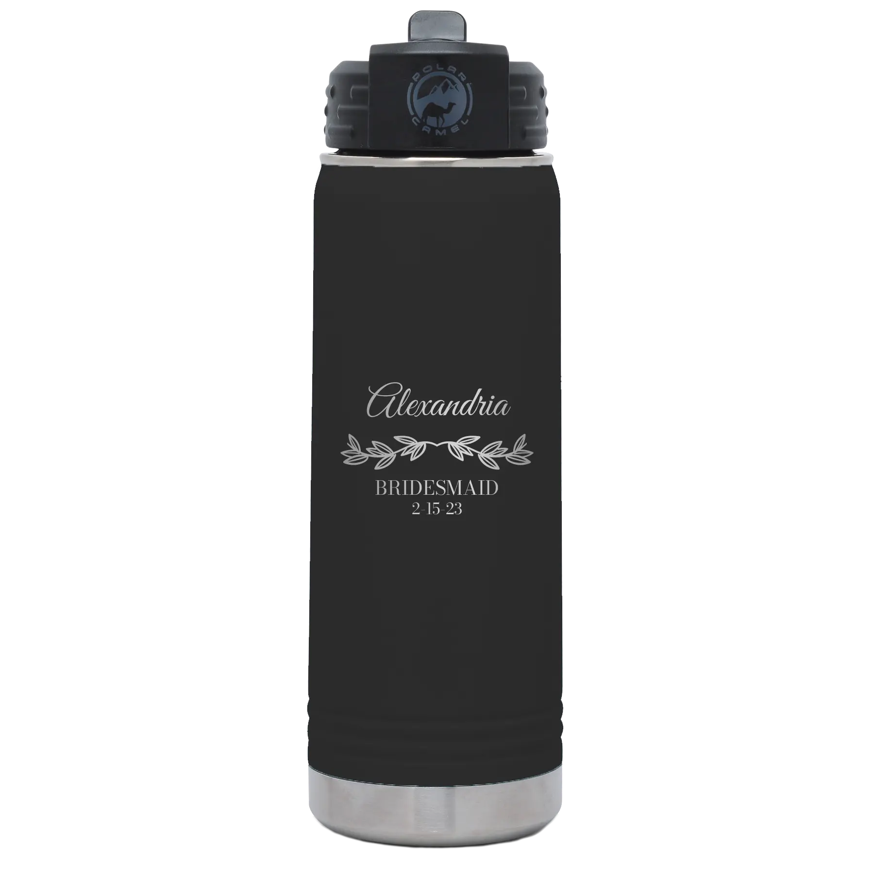 Personalized black 20 oz vacuum insulated water bottle with 'BRIDESMAID DATE' design