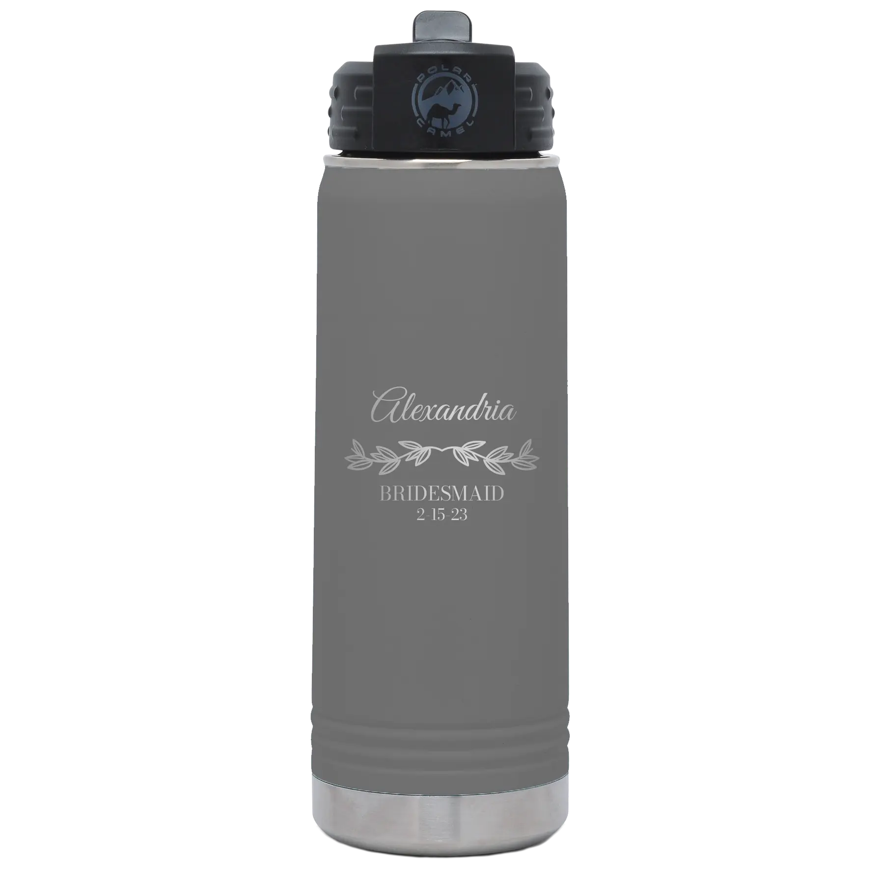 Personalized dark gray 20 oz vacuum insulated water bottle with 'BRIDESMAID DATE' design