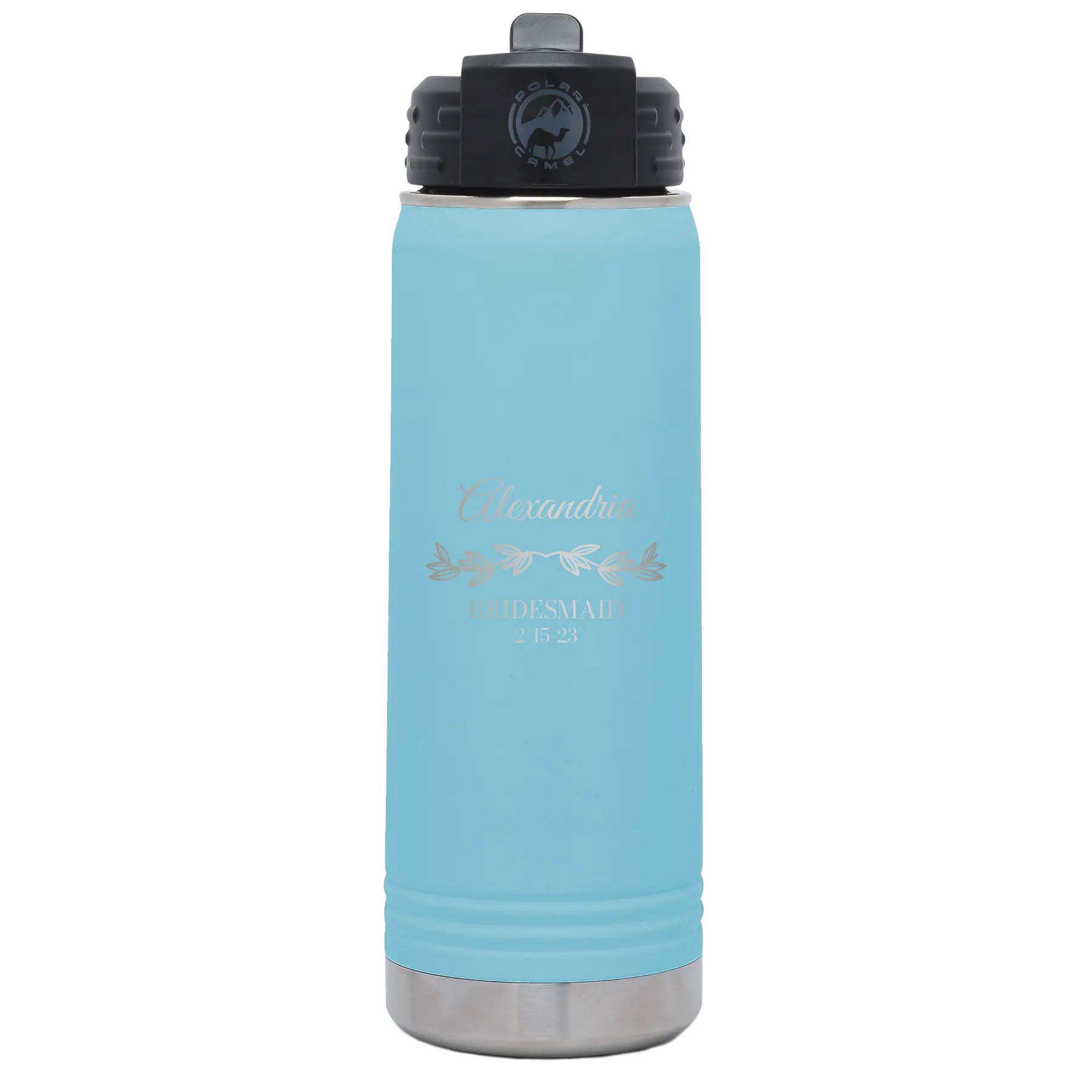 Personalized light blue 20 oz vacuum insulated water bottle with 'BRIDESMAID DATE' design