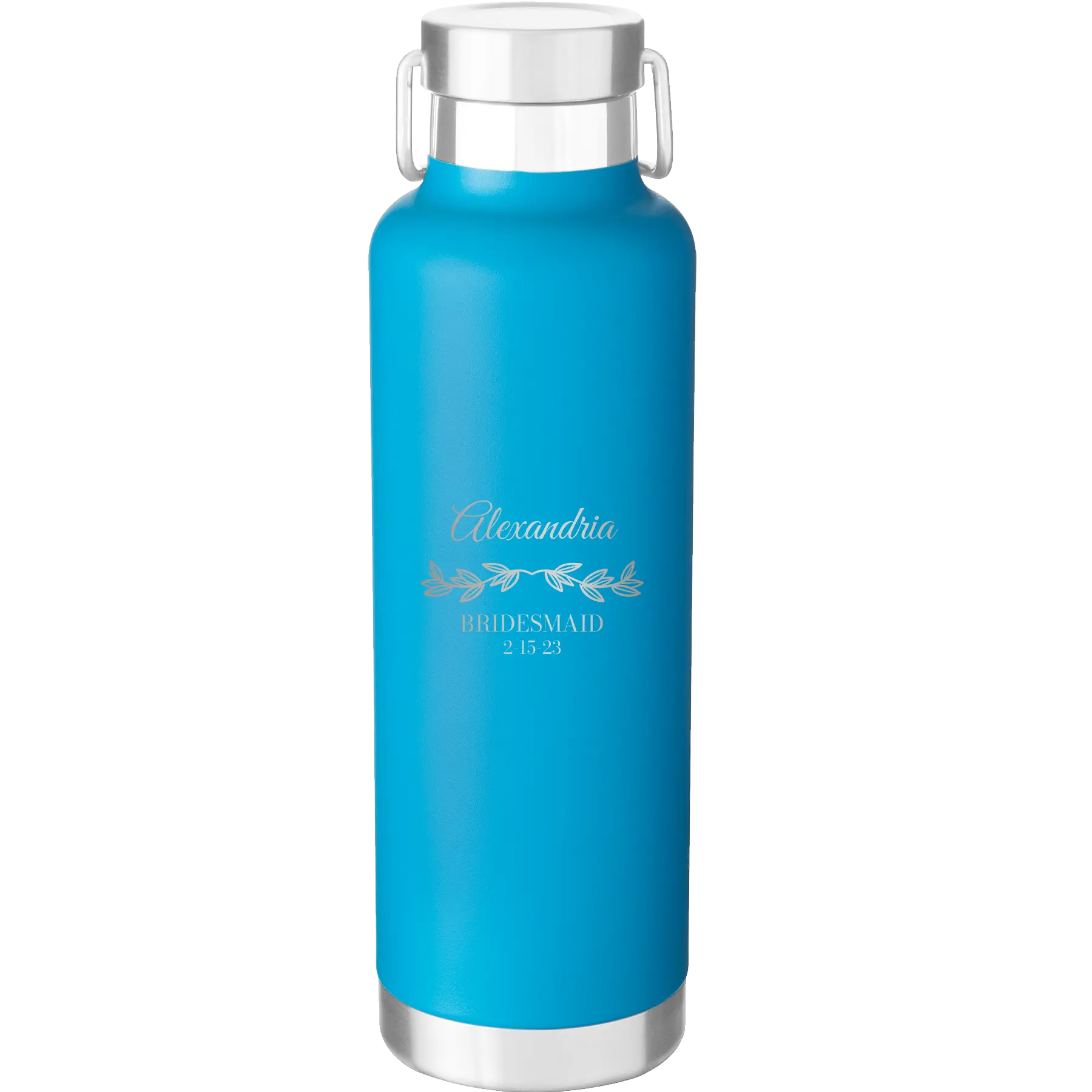 Personalized aqua 24 oz vacuum insulated water bottle with 'BRIDESMAID DATE' design
