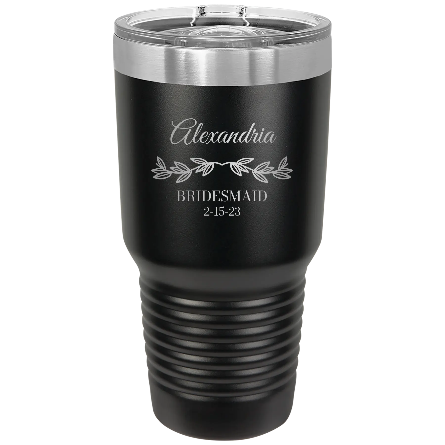Personalized black 30 oz vacuum insulated tumbler with 'BRIDESMAID DATE' design