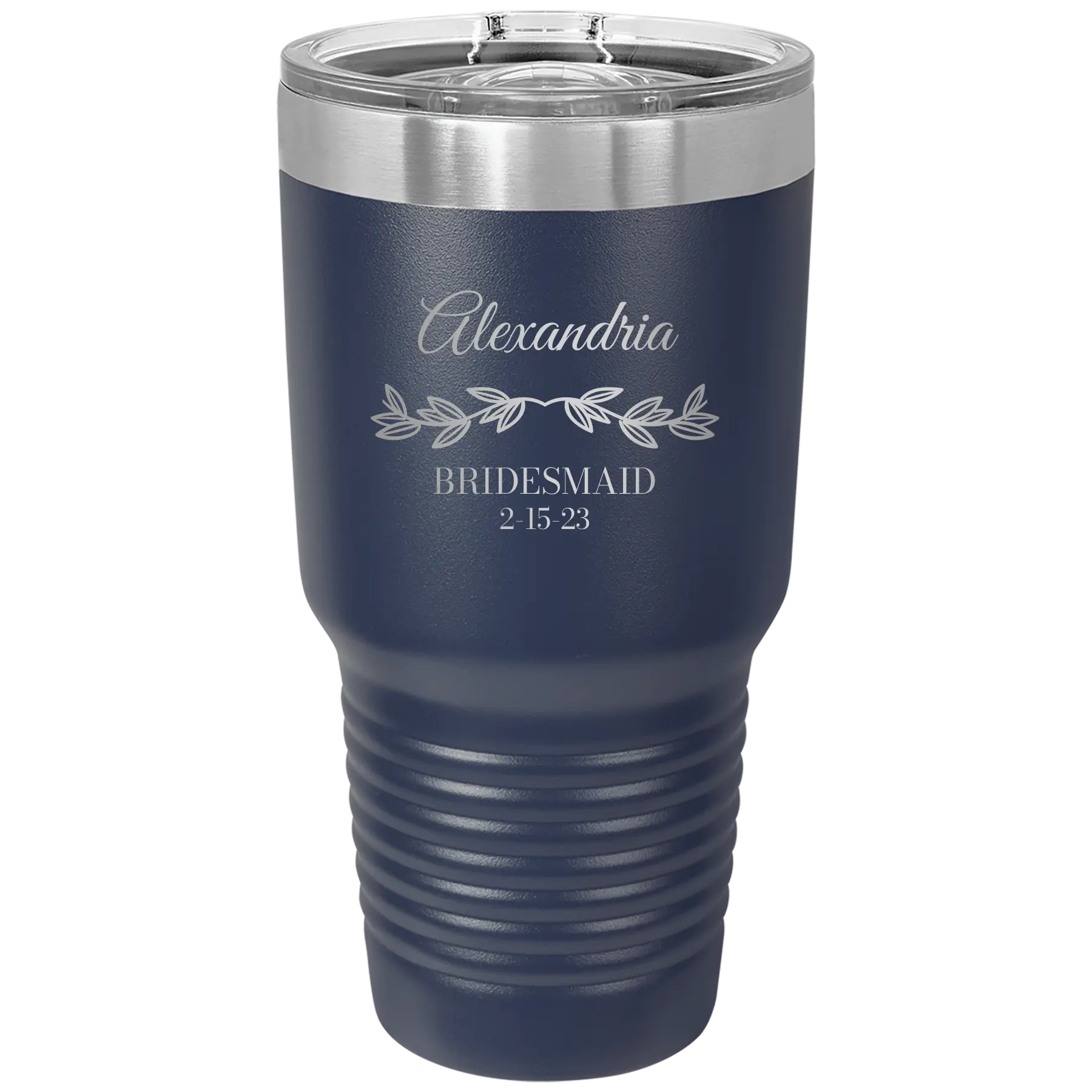 Personalized navy 30 oz vacuum insulated tumbler with 'BRIDESMAID DATE' design