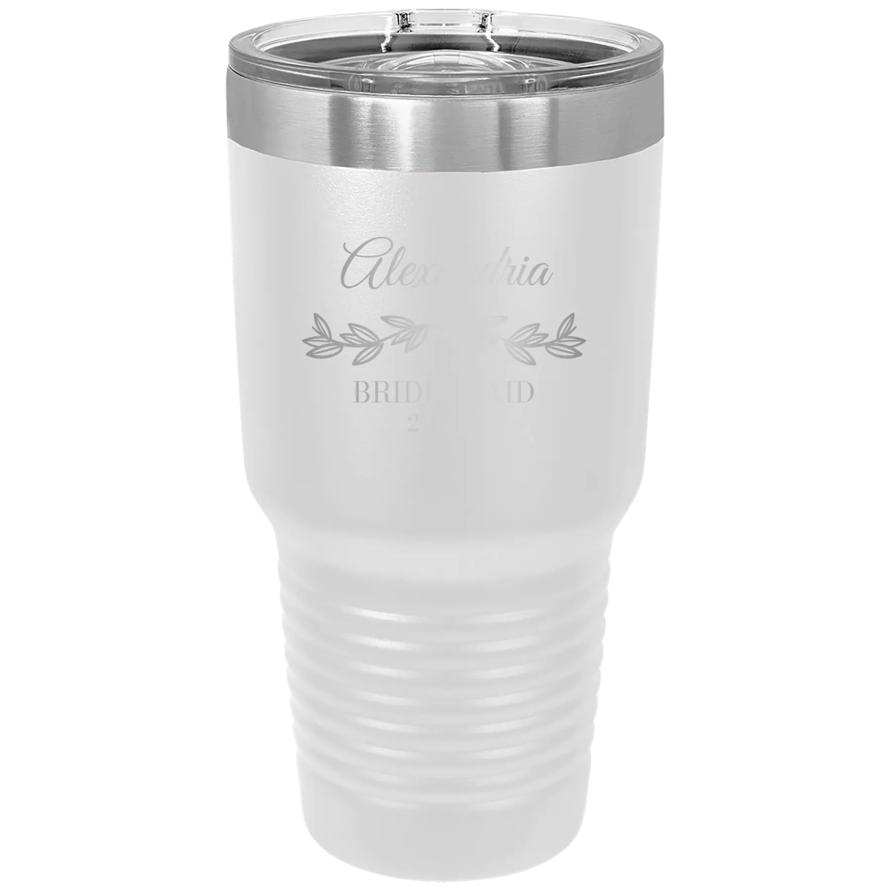 Personalized white 30 oz vacuum insulated tumbler with 'BRIDESMAID DATE' design