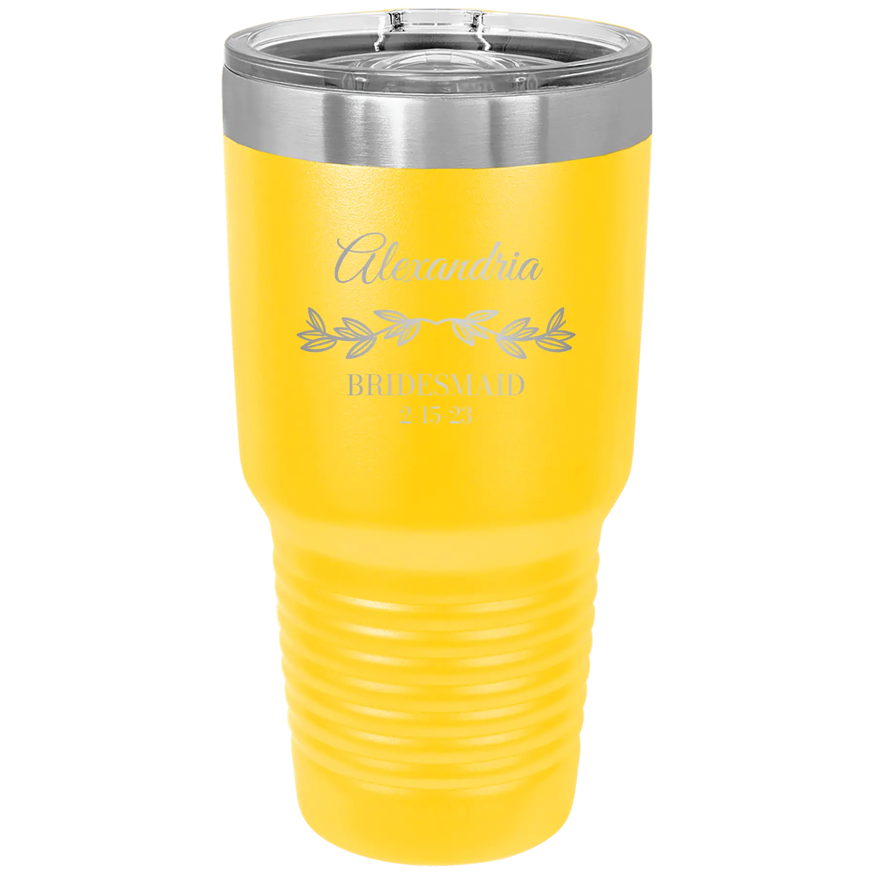 Personalized yellow 30 oz vacuum insulated tumbler with 'BRIDESMAID DATE' design