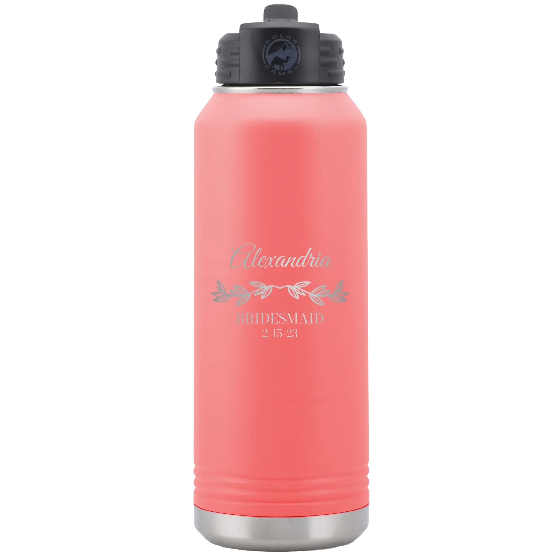 Personalized coral 32 oz vacuum insulated water bottle with 'BRIDESMAID DATE' design