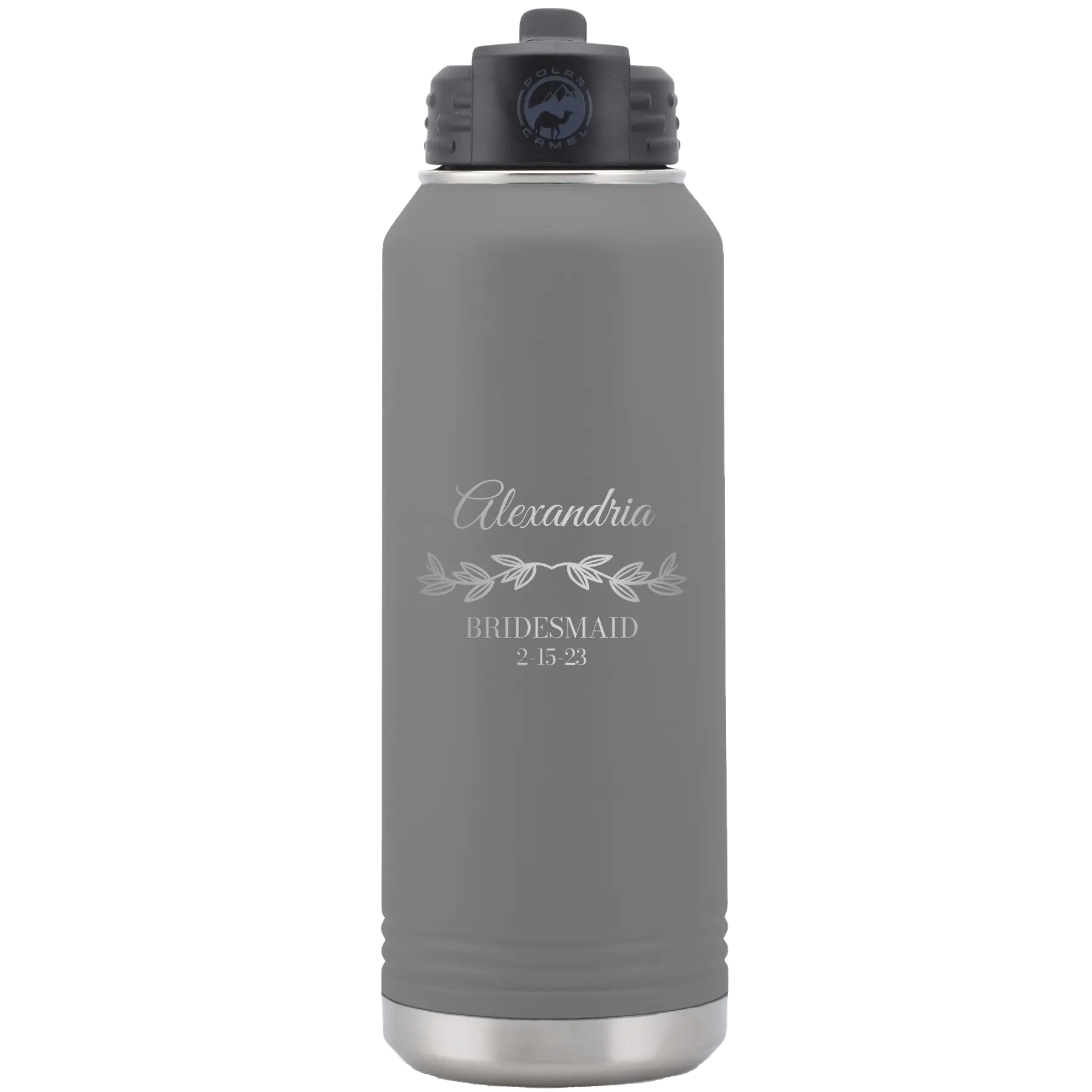 Personalized dark gray 32 oz vacuum insulated water bottle with 'BRIDESMAID DATE' design