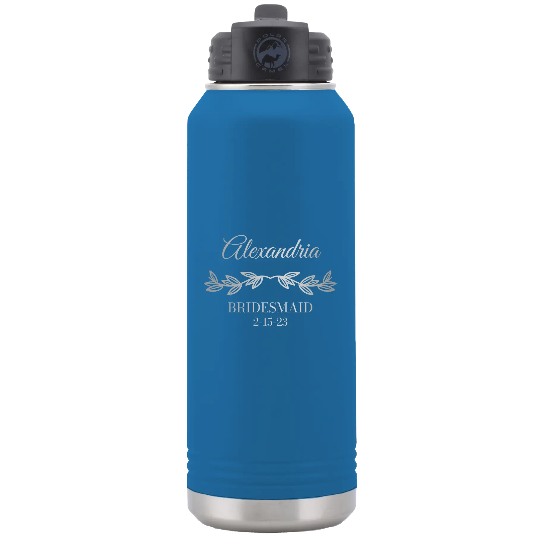Personalized royal blue 32 oz vacuum insulated water bottle with 'BRIDESMAID DATE' design