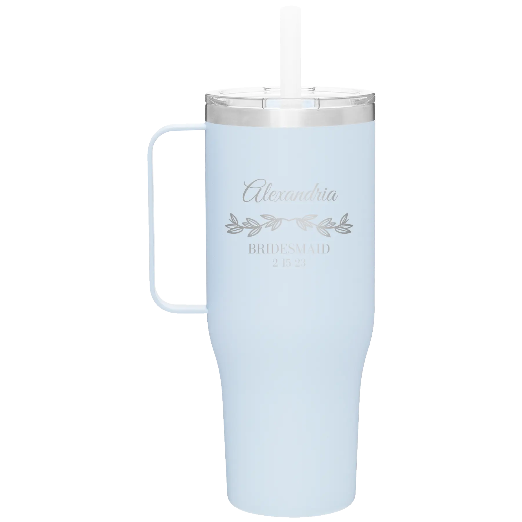 Personalized landfall 40 oz vacuum insulated tumbler mug with 'BRIDESMAID DATE' design