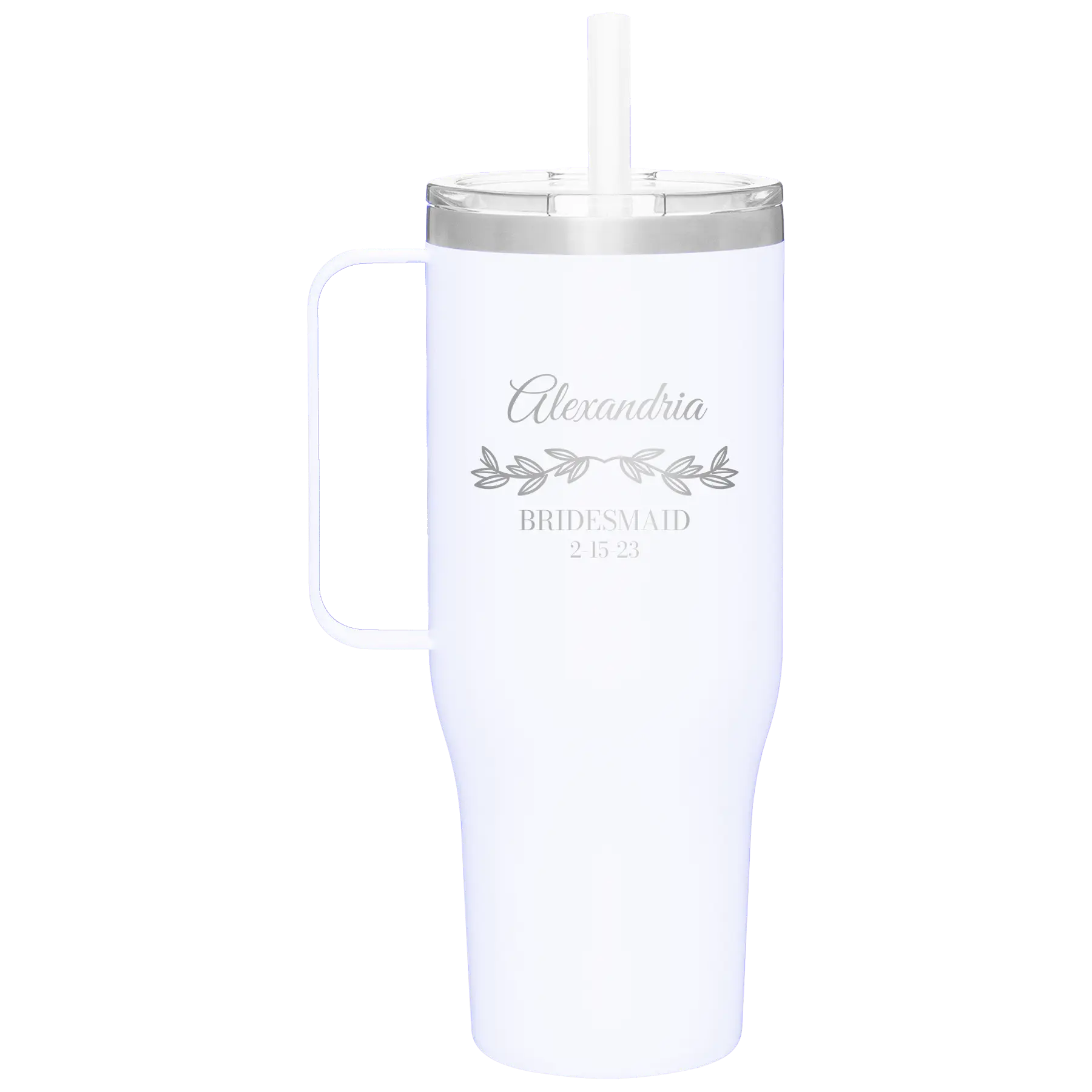 Personalized white 40 oz vacuum insulated tumbler mug with 'BRIDESMAID DATE' design