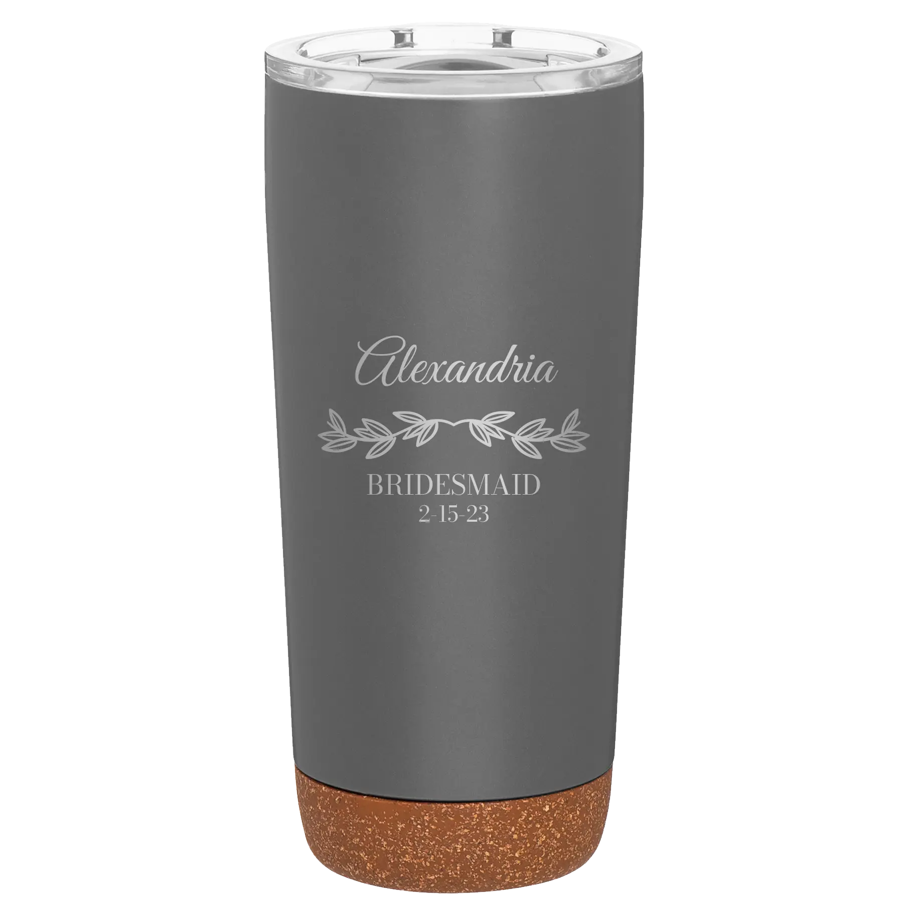 Personalized storm gray 20 oz vacuum insulated tumbler with 'BRIDESMAID DATE' design