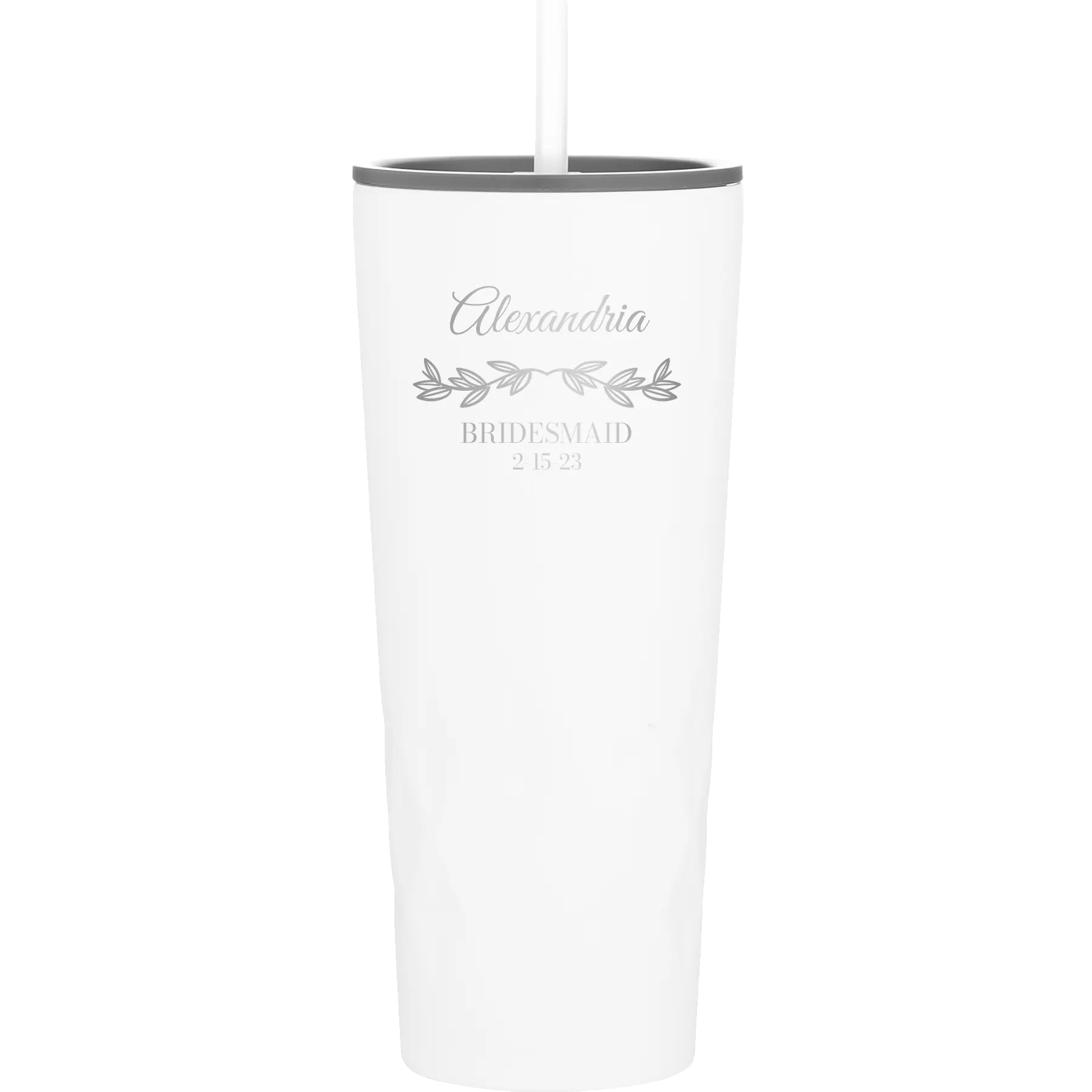 Personalized white 20 oz vacuum insulated tumbler with 'BRIDESMAID DATE' design