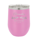 Personalized light purple 12 oz vacuum insulated wine cup with 'BRIDESMAID DATE' design