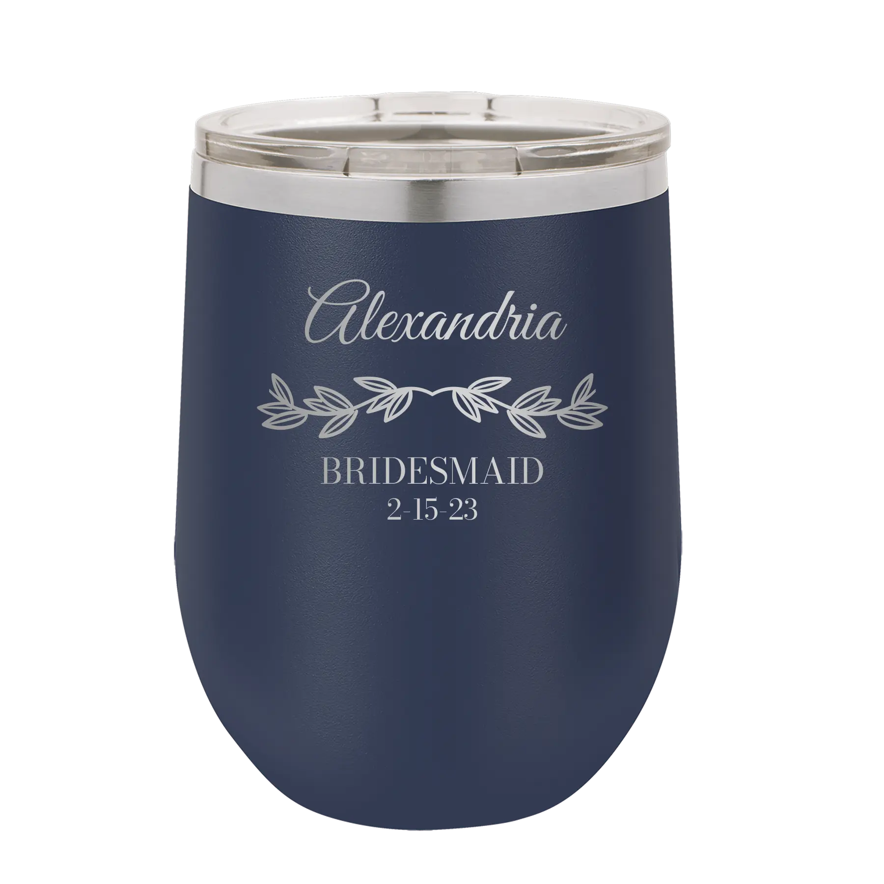 Personalized navy 12 oz vacuum insulated wine cup with 'BRIDESMAID DATE' design