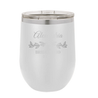 Personalized white 12 oz vacuum insulated wine cup with 'BRIDESMAID DATE' design
