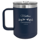 Personalized navy 15 oz vacuum insulated coffee mug with 'GROOMSMAN DATE' design