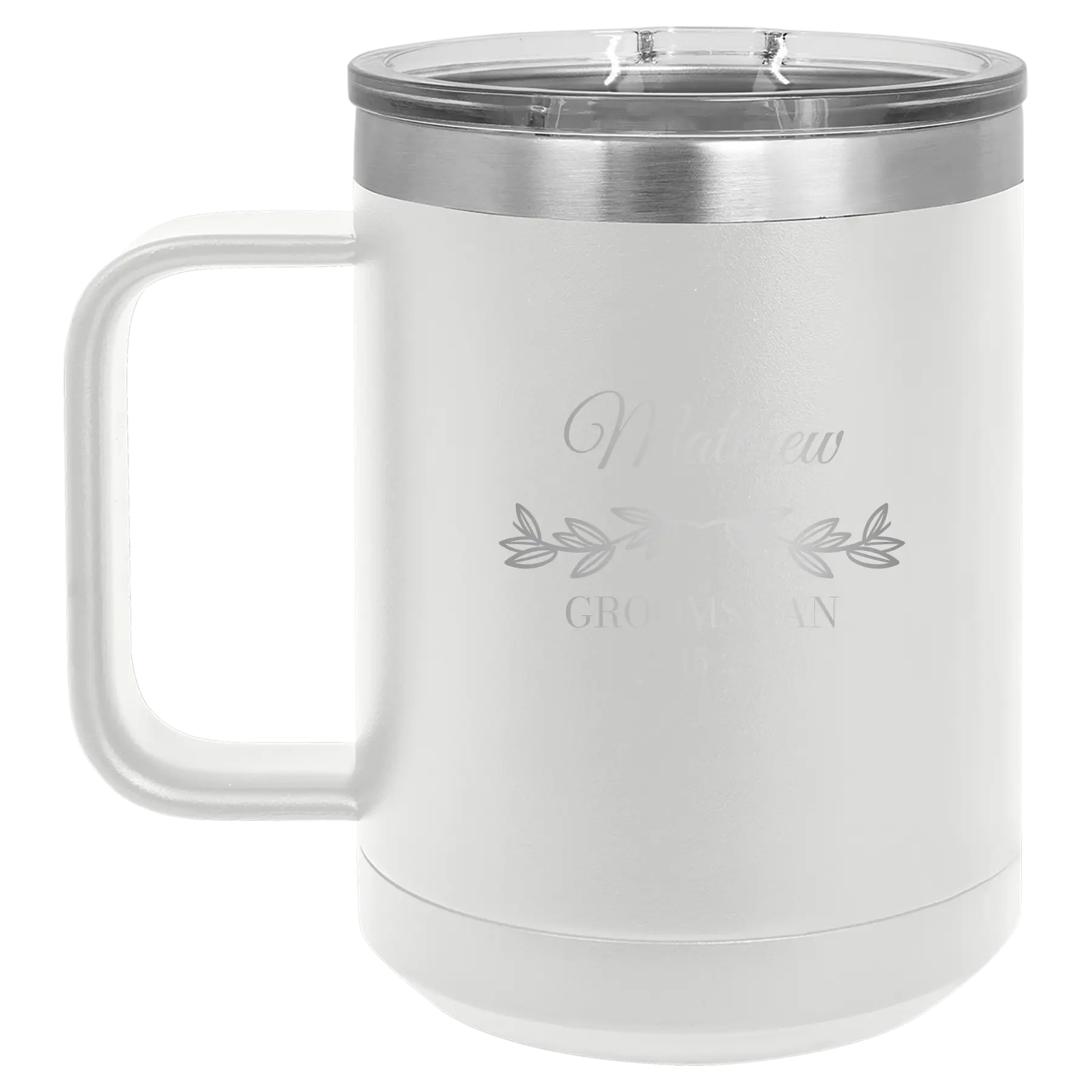 Personalized white 15 oz vacuum insulated coffee mug with 'GROOMSMAN DATE' design