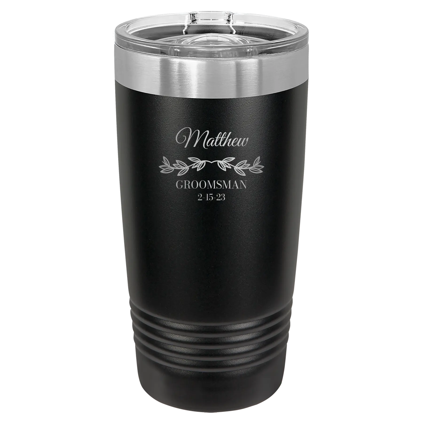 Personalized black 20 oz vacuum insulated tumbler with 'GROOMSMAN DATE' design