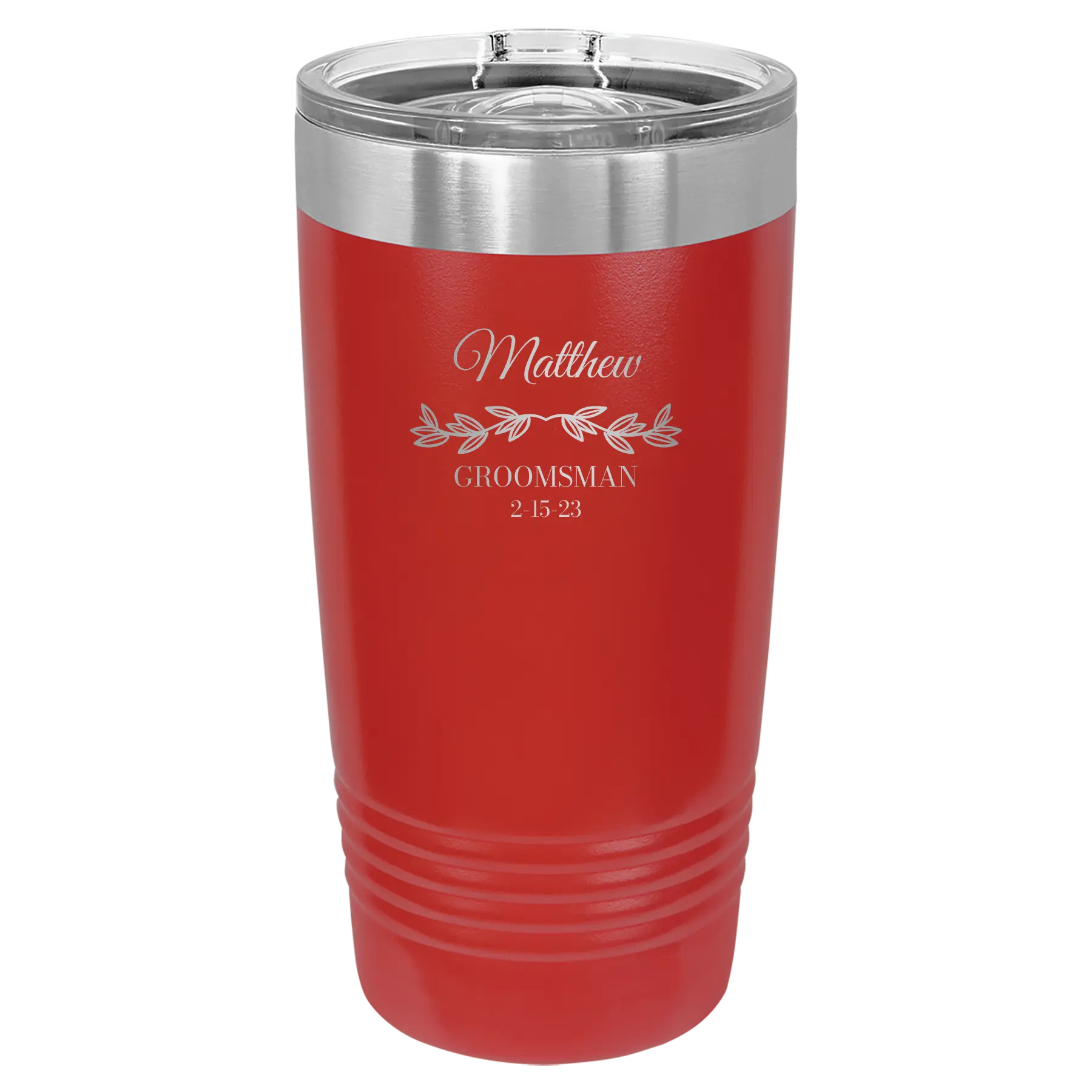 Personalized red 20 oz vacuum insulated tumbler with 'GROOMSMAN DATE' design