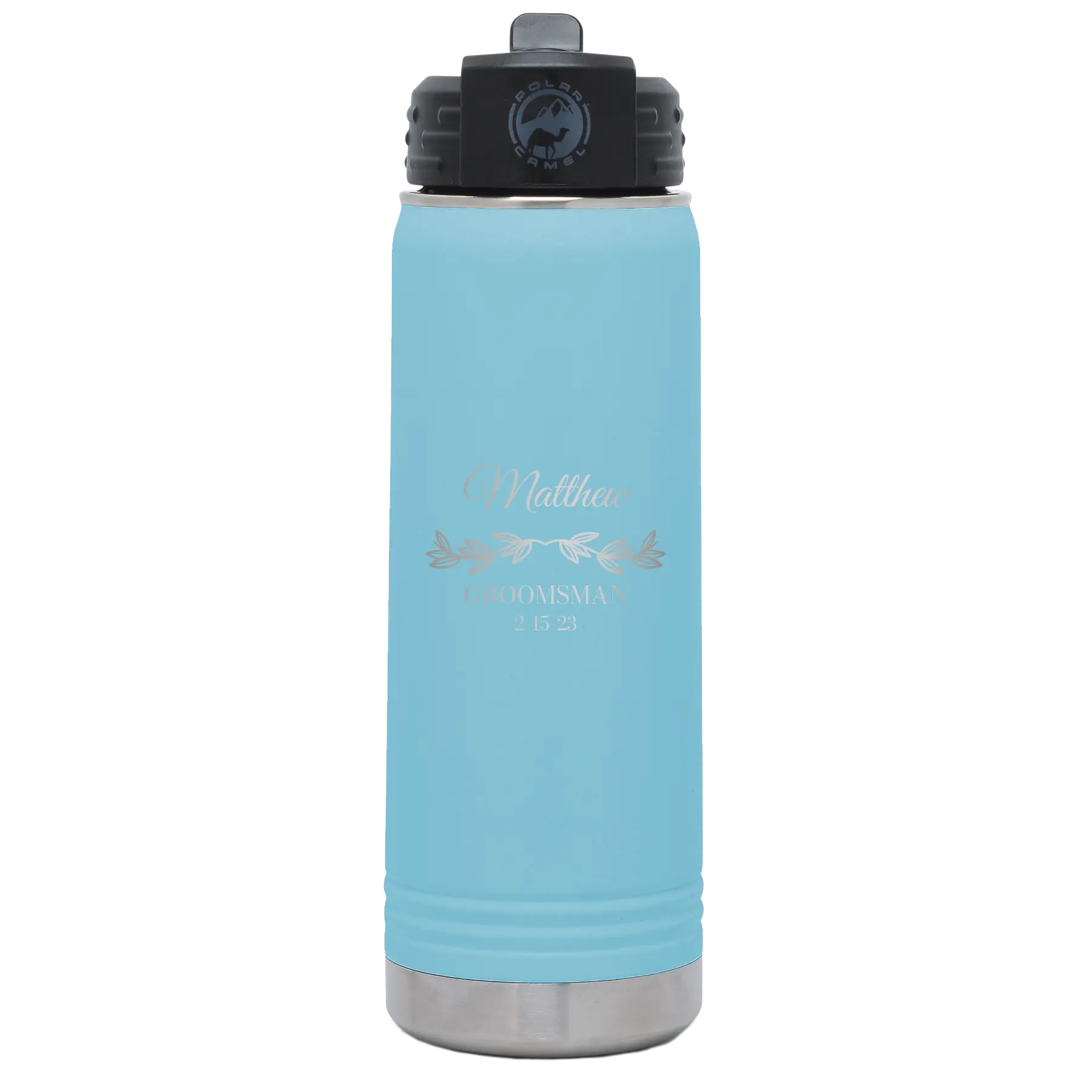 Personalized light blue 20 oz vacuum insulated water bottle with 'GROOMSMAN DATE' design