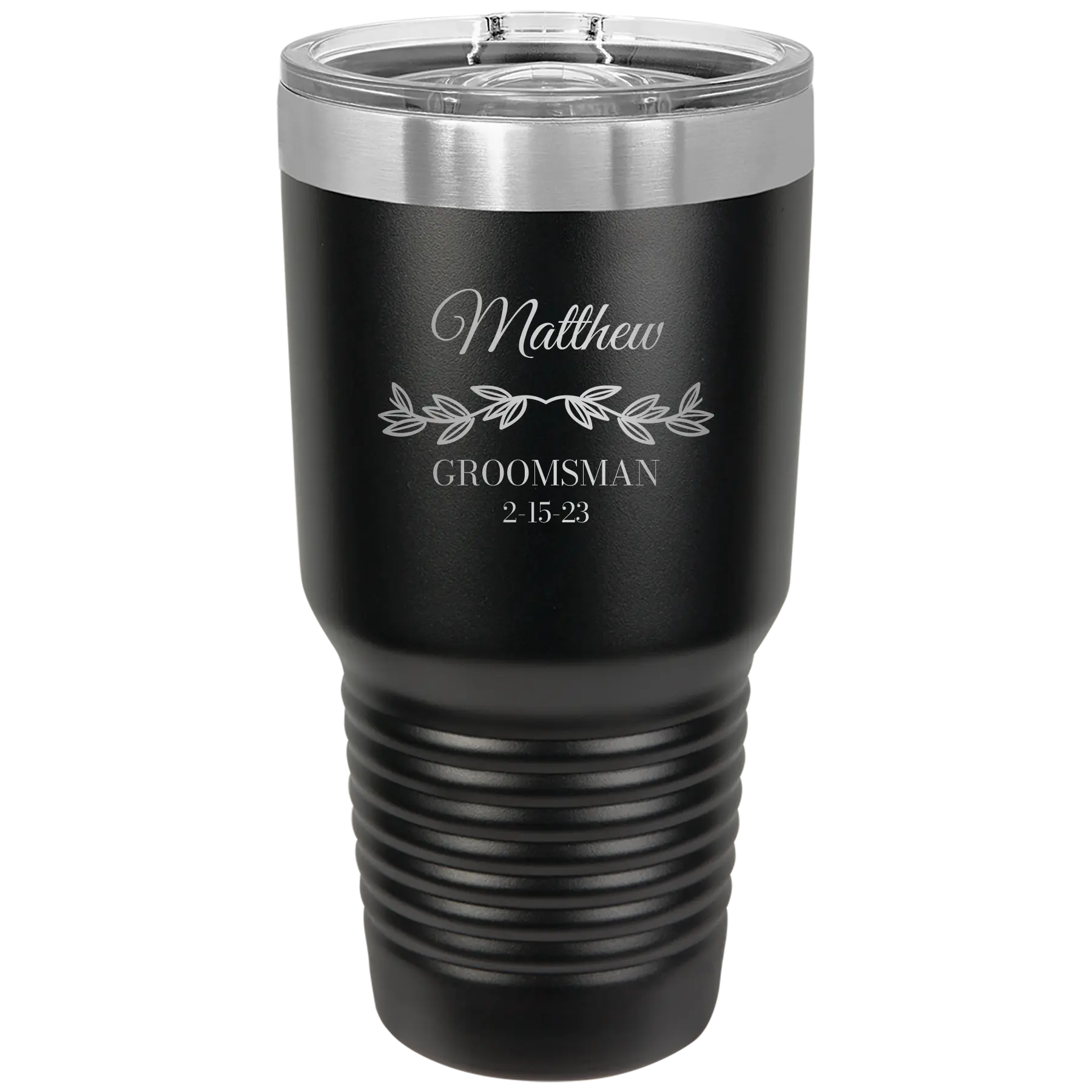 Personalized black 30 oz vacuum insulated tumbler with 'GROOMSMAN DATE' design