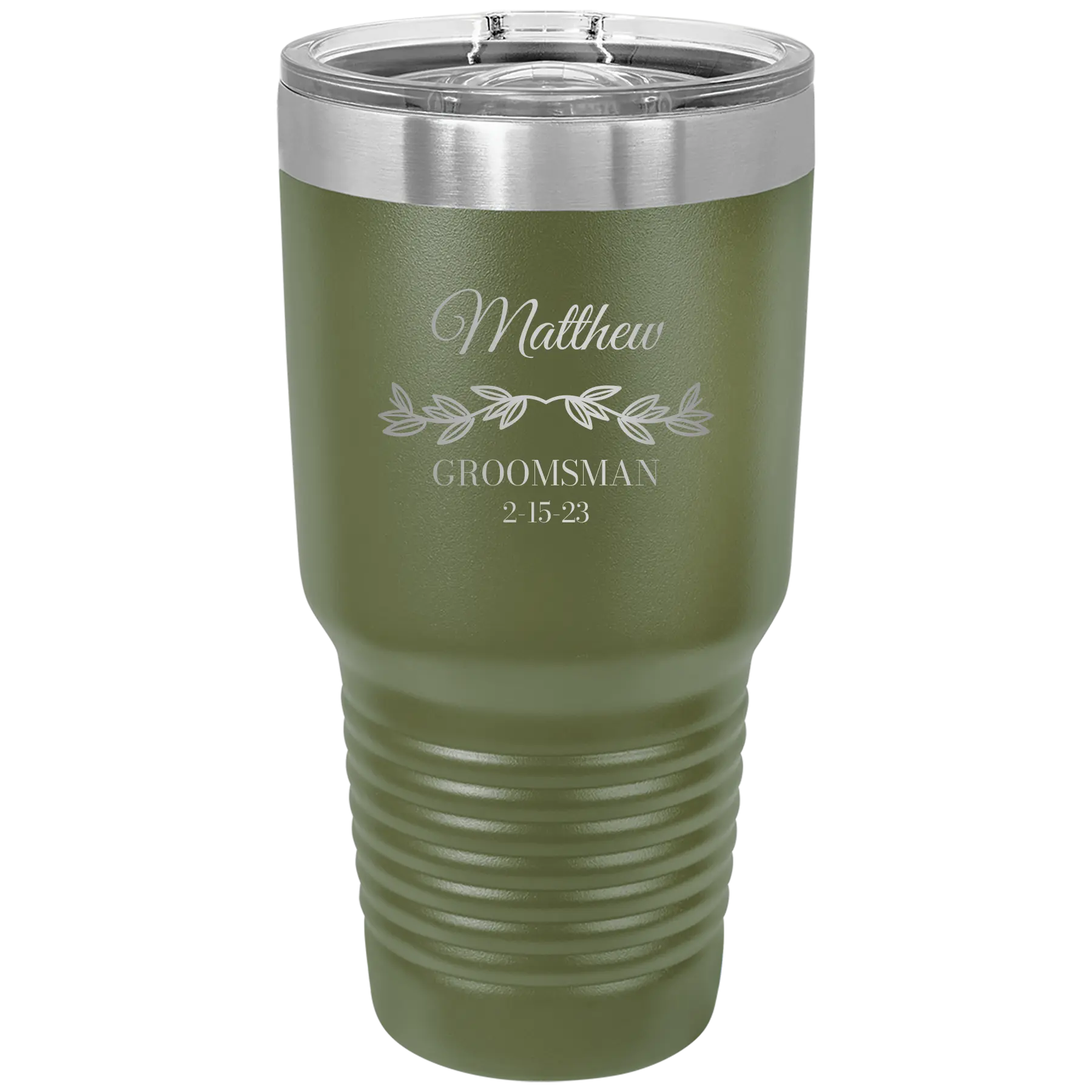 Personalized olive green 30 oz vacuum insulated tumbler with 'GROOMSMAN DATE' design