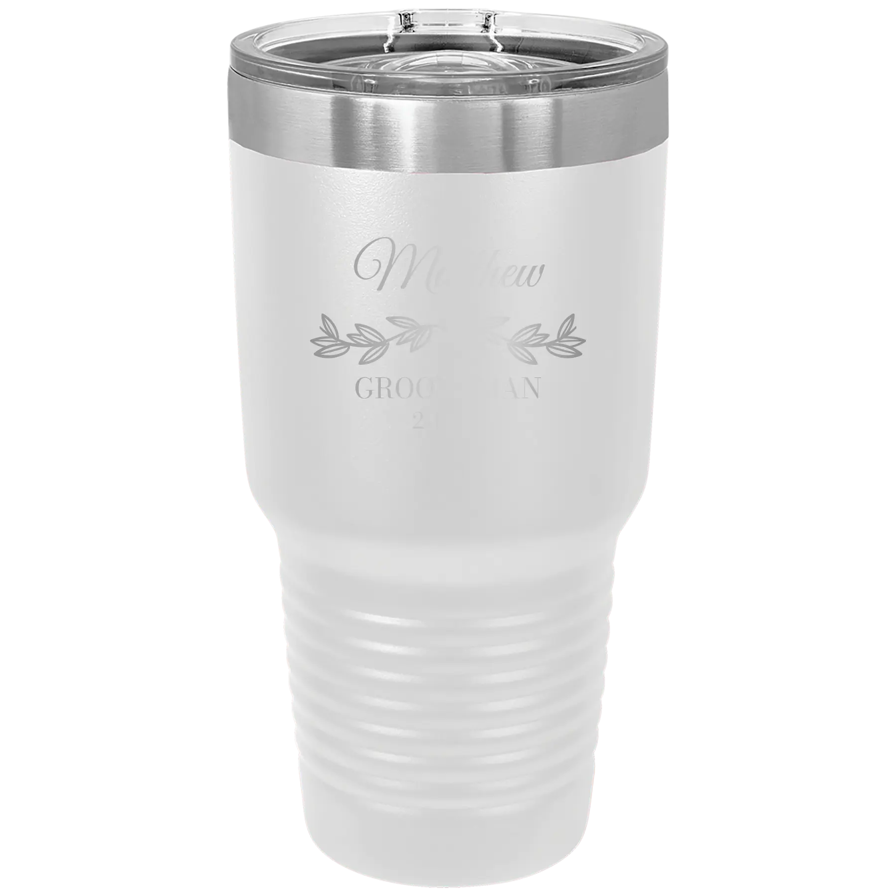 Personalized white 30 oz vacuum insulated tumbler with 'GROOMSMAN DATE' design