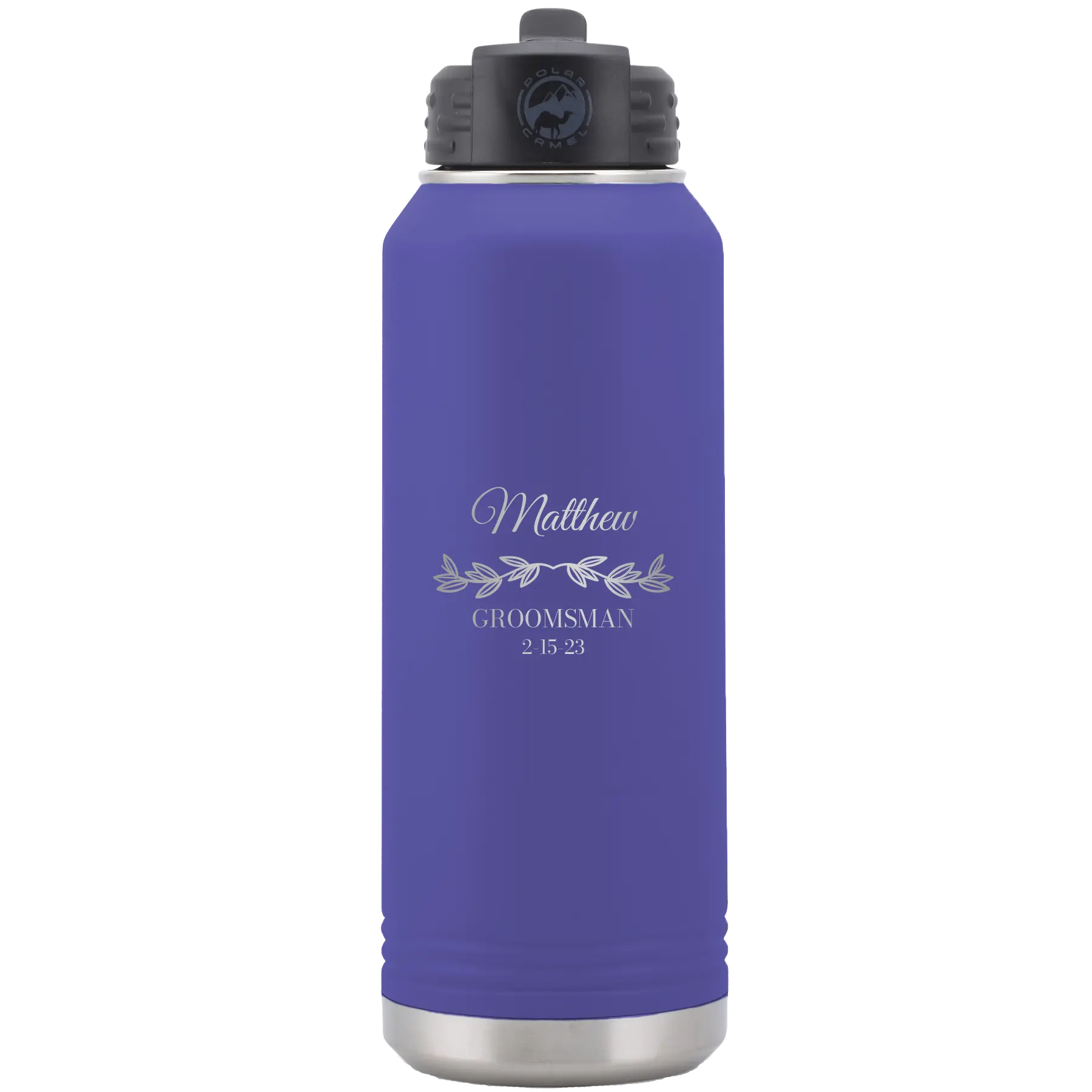 Personalized purple 32 oz vacuum insulated water bottle with 'GROOMSMAN DATE' design