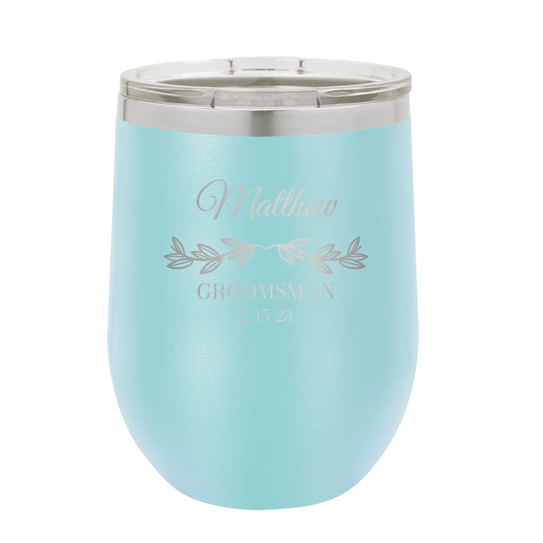 Personalized light blue 12 oz vacuum insulated wine cup with 'GROOMSMAN DATE' design