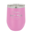 Personalized light purple 12 oz vacuum insulated wine cup with 'GROOMSMAN DATE' design