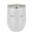 Personalized white 12 oz vacuum insulated wine cup with 'GROOMSMAN DATE' design