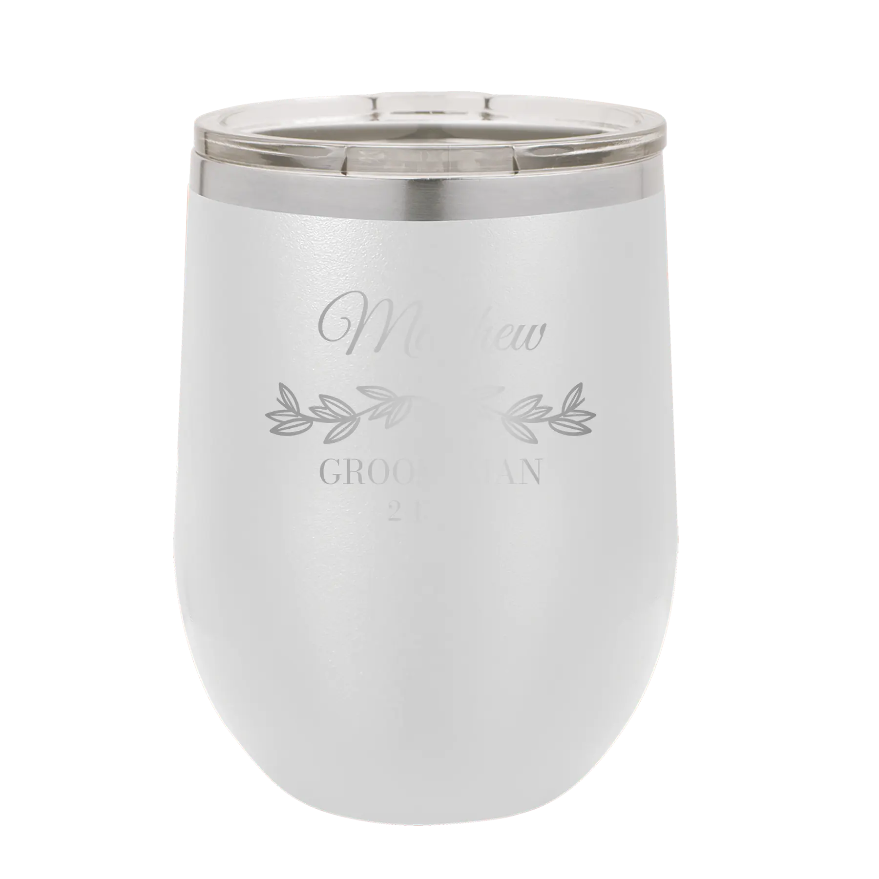 Personalized white 12 oz vacuum insulated wine cup with 'GROOMSMAN DATE' design