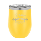 Personalized yellow 12 oz vacuum insulated wine cup with 'GROOMSMAN DATE' design