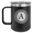 Personalized black 15 oz vacuum insulated coffee mug with 'Circle with initial' design