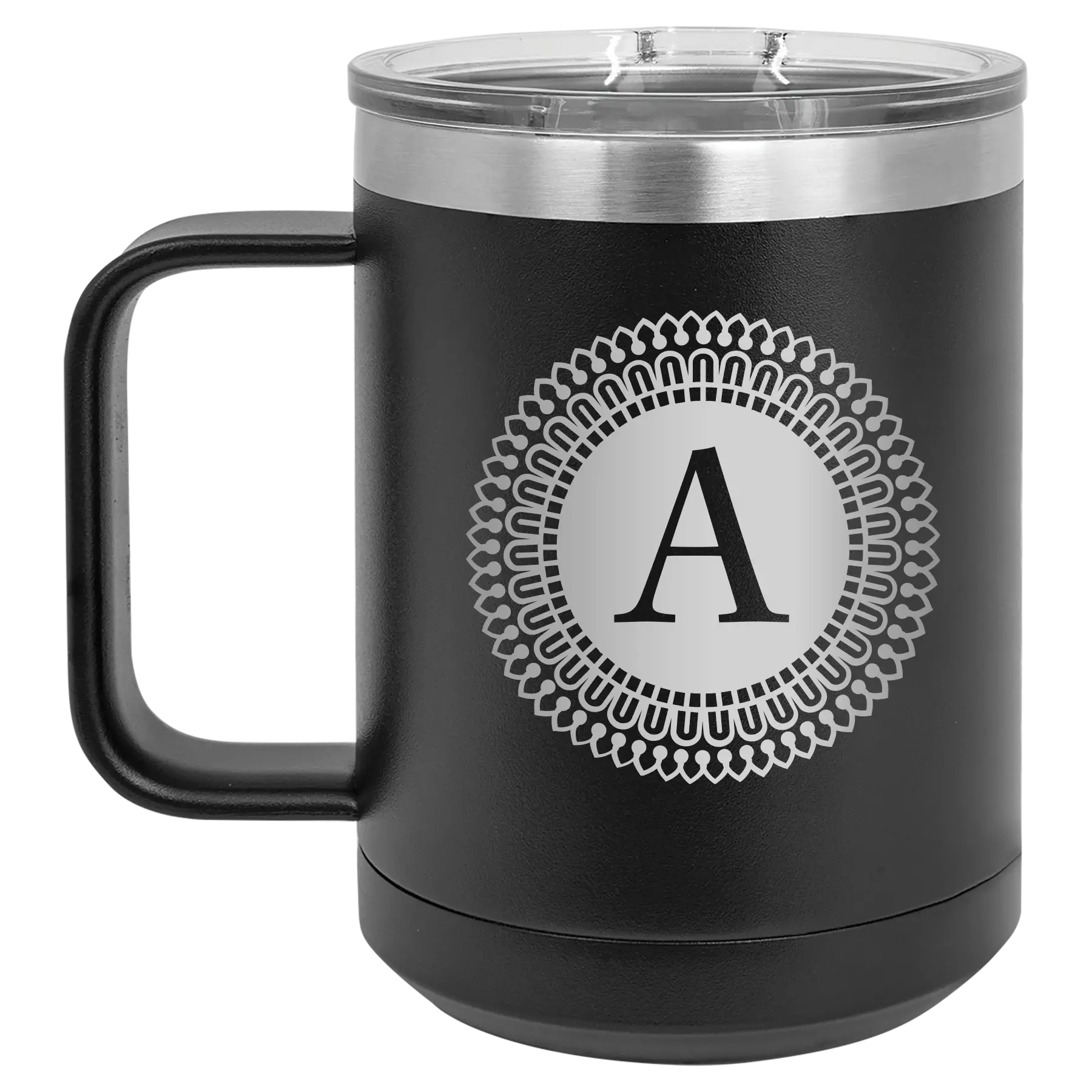 Personalized black 15 oz vacuum insulated coffee mug with 'Circle with initial' design