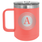 Personalized coral 15 oz vacuum insulated coffee mug with 'Circle with initial' design