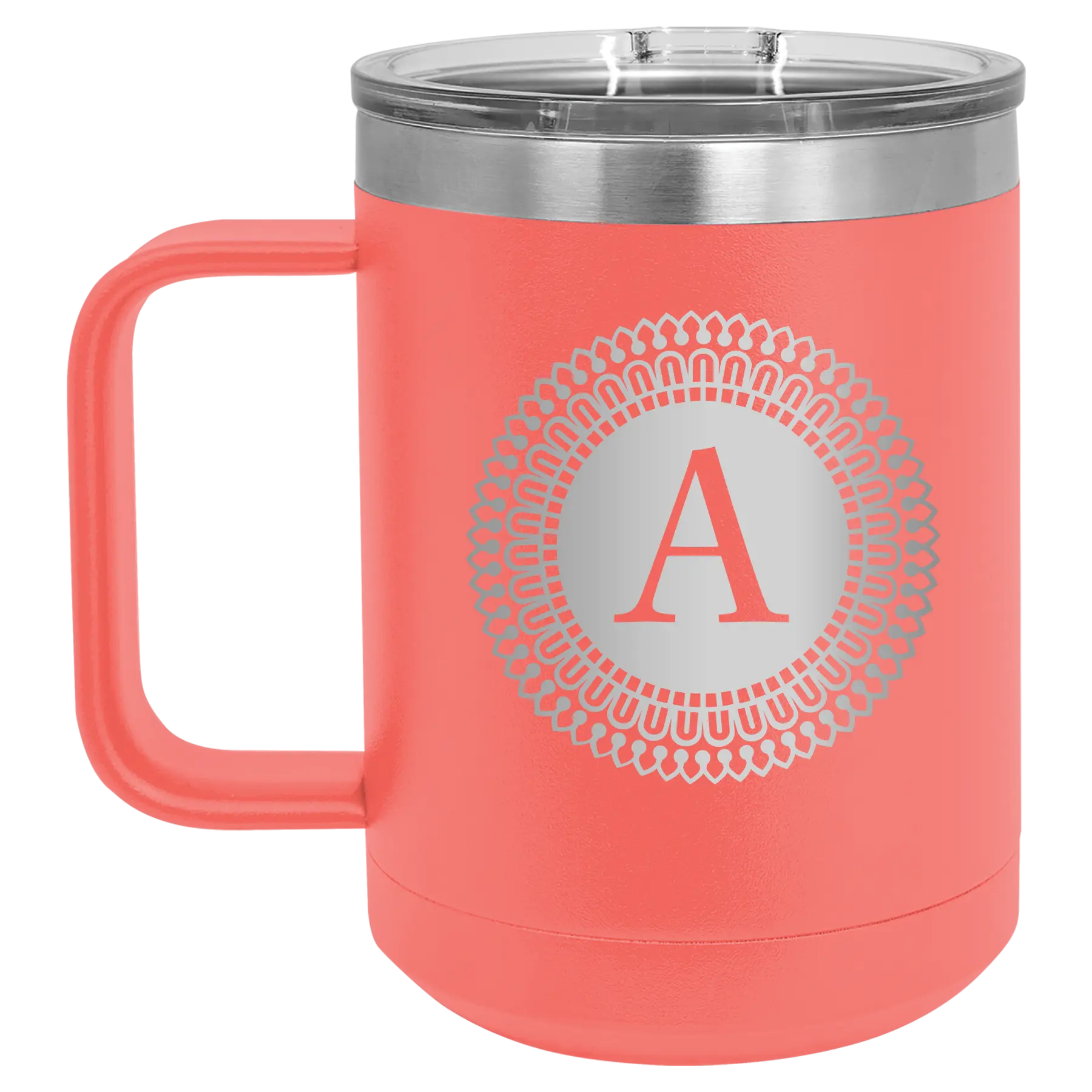 Personalized coral 15 oz vacuum insulated coffee mug with 'Circle with initial' design