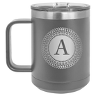 Personalized dark gray 15 oz vacuum insulated coffee mug with 'Circle with initial' design