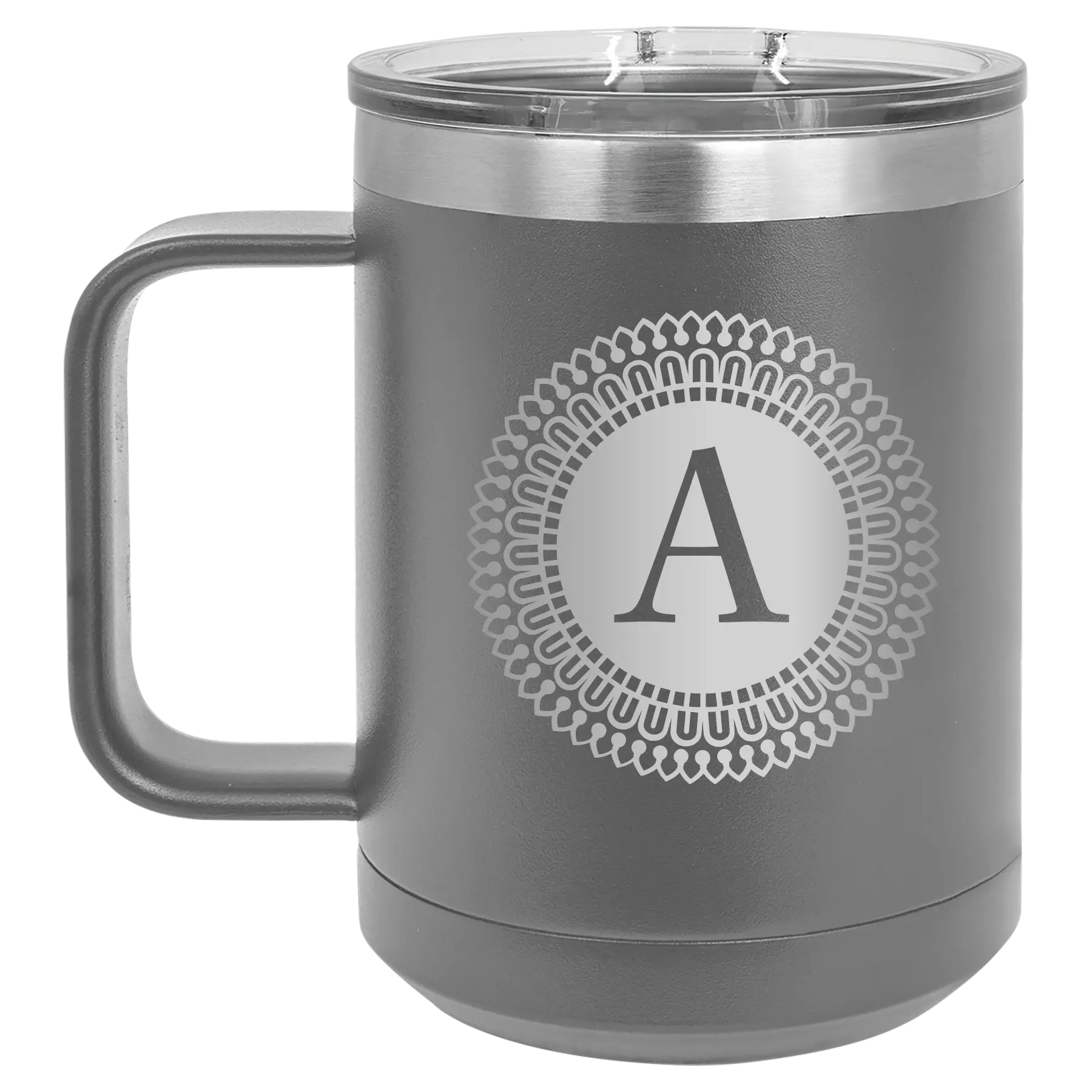 Personalized dark gray 15 oz vacuum insulated coffee mug with 'Circle with initial' design