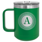 Personalized green 15 oz vacuum insulated coffee mug with 'Circle with initial' design