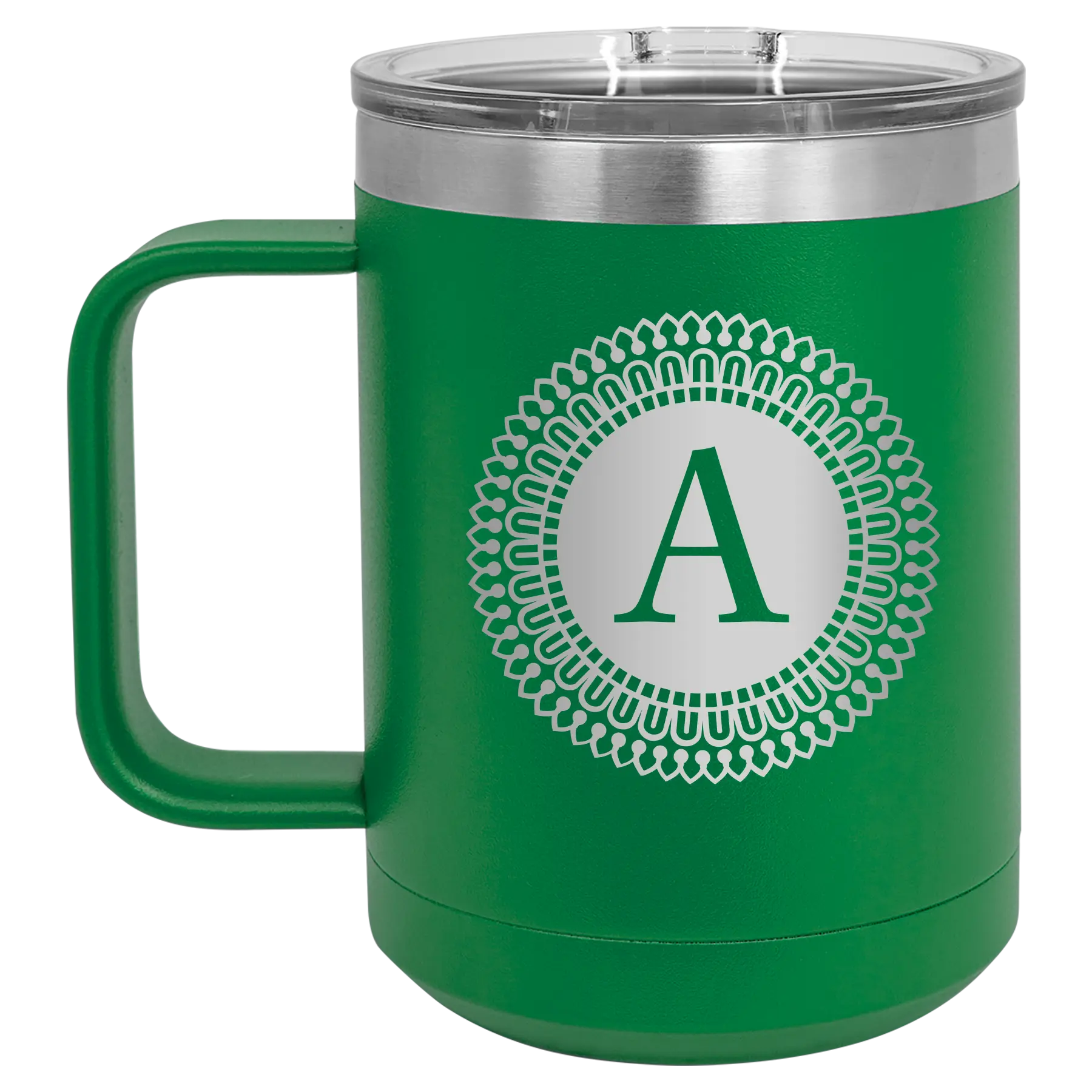 Personalized green 15 oz vacuum insulated coffee mug with 'Circle with initial' design