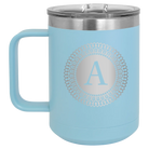 Personalized light blue 15 oz vacuum insulated coffee mug with 'Circle with initial' design