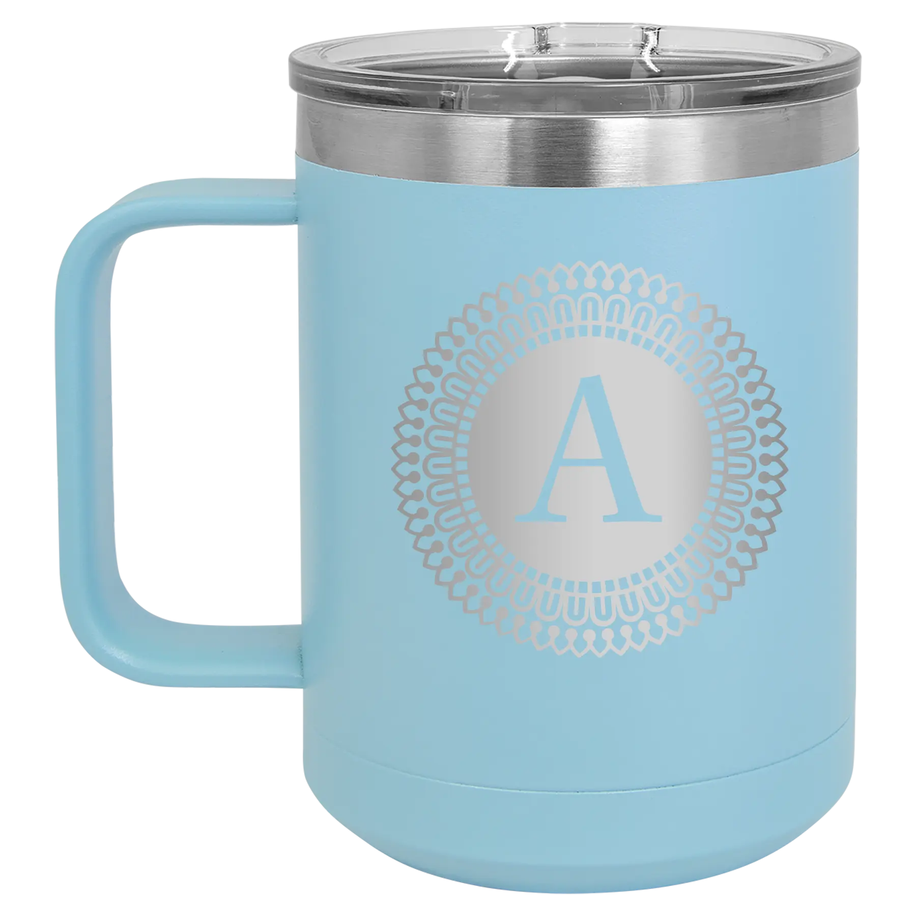 Personalized light blue 15 oz vacuum insulated coffee mug with 'Circle with initial' design