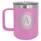 Personalized light purple 15 oz vacuum insulated coffee mug with 'Circle with initial' design