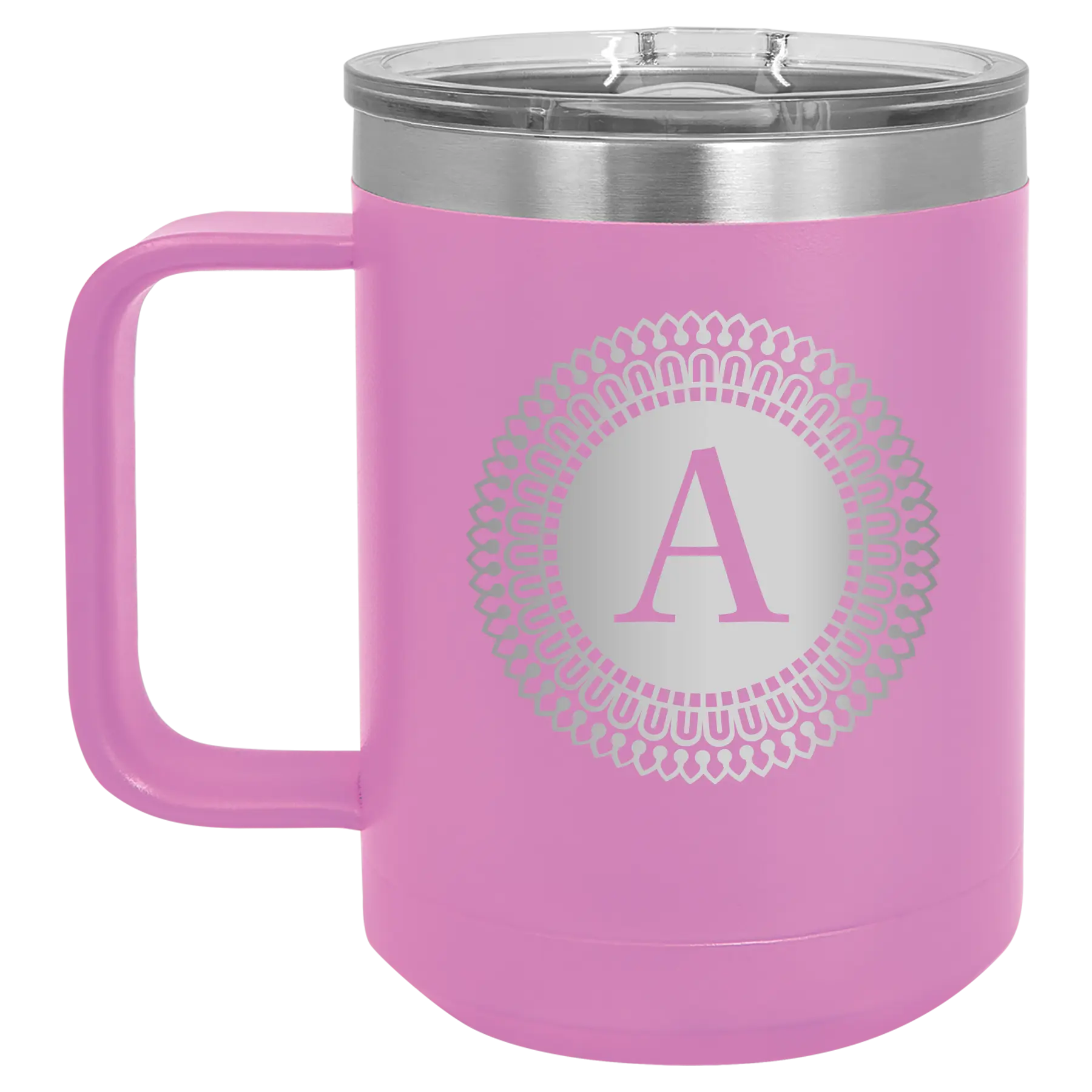 Personalized light purple 15 oz vacuum insulated coffee mug with 'Circle with initial' design