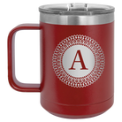 Personalized maroon 15 oz vacuum insulated coffee mug with 'Circle with initial' design