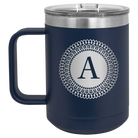 Personalized navy 15 oz vacuum insulated coffee mug with 'Circle with initial' design
