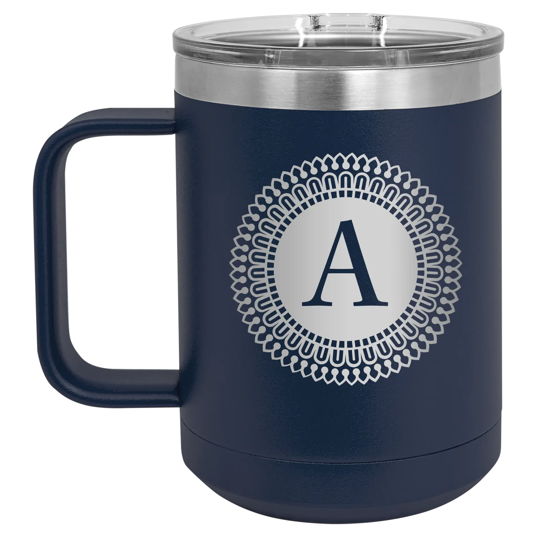 Personalized navy 15 oz vacuum insulated coffee mug with 'Circle with initial' design